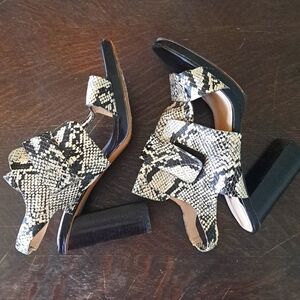 French Connection Toni Open Toe Swing Back Snake Print Elastic Strap Heels